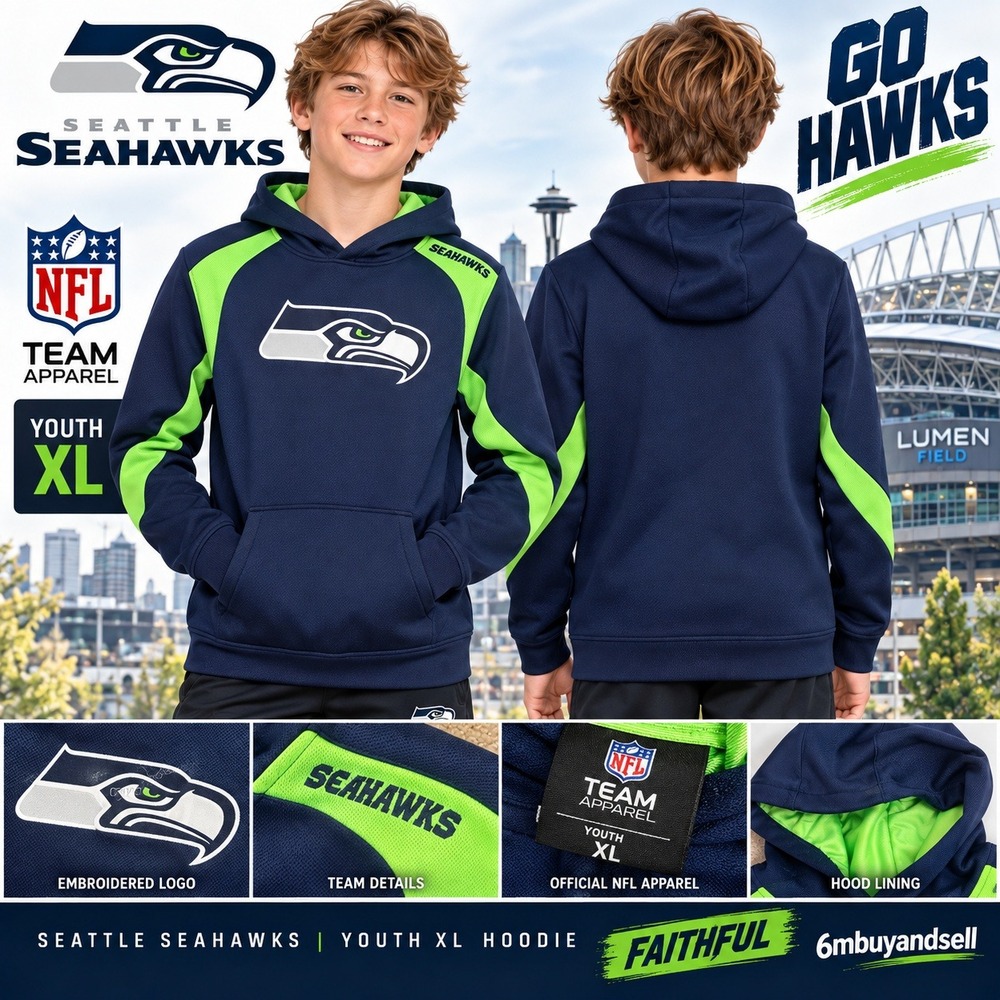 NFL Team Apparel Seattle Seahawks Youth XL Hoodie Navy Blue Action Green Logo